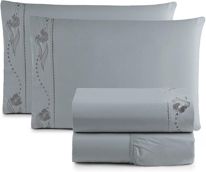 Jogo de Cama Lençol Queen Bordado Imperial Realeza 4 Peças 200 Fios Percal 100% Algodão (CINZA)