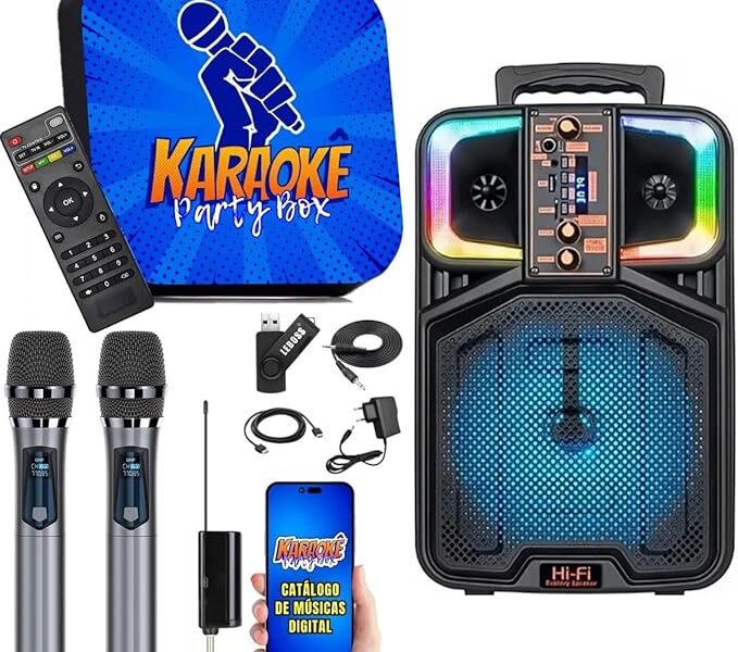 Karaoke Party Box Profissional +12000 Músicas +2 Microfones Sem Fio +Caixa De Som 2000W +Sistema Pontuação