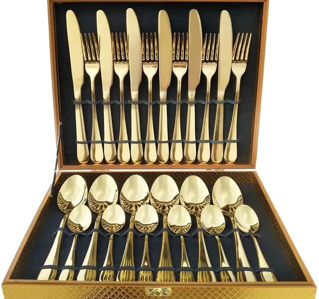 Kit 24 Talheres Luxo Premium Faqueiro Dourado Com Maleta –