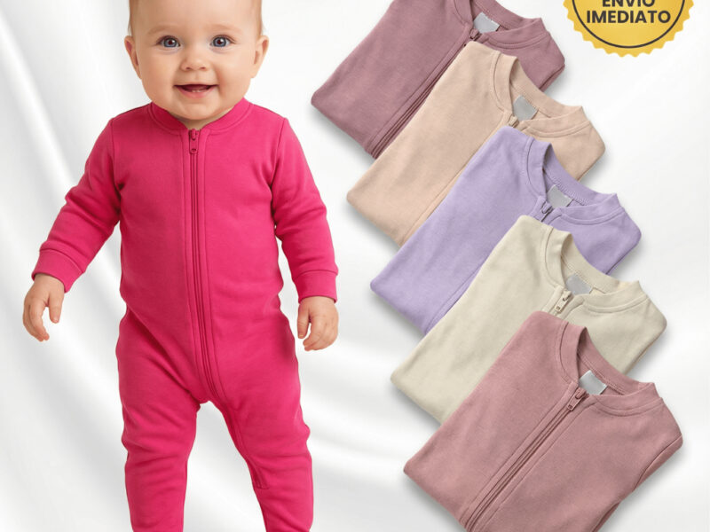 Kit 5 Macacão Menina Liso Bebê Algodão Zíper Vira Pé Inverno Infantil Macio Macacões