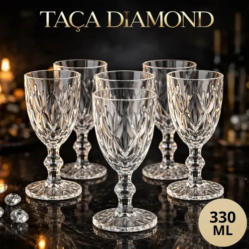 Kit 6 Taças Diamond 330ml Transparente Luxo Vidro Copo Transparente Diamante Cristal Suco Agua vinho – Star House