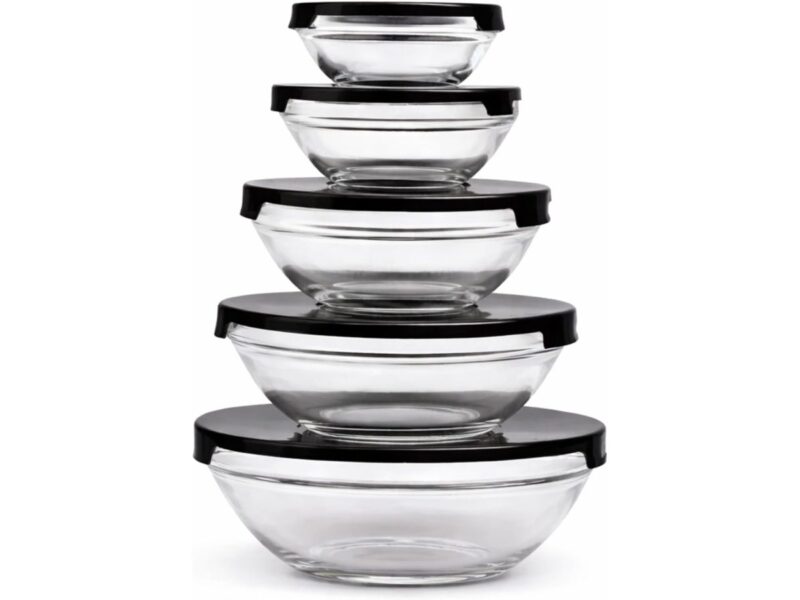 Kit Conjunto de 5 Potes de Vidro Redondo, Tampa Preta – Conjunto de Tigelas Redondas na Amzn por R$ 16,90