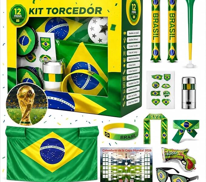 Kit Torcedor Brasil Copa 2026 12 Peças – Fantasia Completa com Faixa Cabeça, Óculos, Bandeira 150x90cm, Bastões Infláveis, Corneta, Tinta Facial e Lança Confete – Festa Churrasco Premium