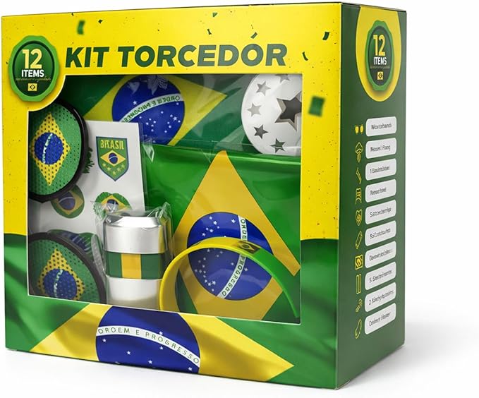 Kit Torcedor Brasil Copa do Mundo 2026 – 12 Peças Completo com Calendário de Jogos, Pintura Facial Hipoalergênica, Bandeira, Óculos, 2 Bastões Infláveis, Corneta e Caixa Presente – Em Busca do Hexa!