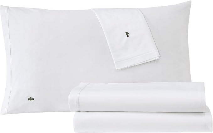 Lacoste Conjunto de lençóis 100% algodão percal sólido, branco, completo