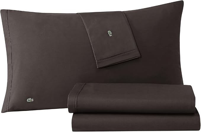 Lacoste Jogo de cama 100% algodão percal, liso, cinza escuro, 4 peças, Queen