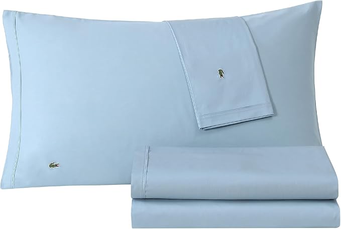 Lacoste Jogo de lençol 100% algodão percal sólido, respirável, refrescante e de qualidade hoteleira – bolso profundo, ajuste fácil, certificado Oeko-Tex, Allure Blue, Queen