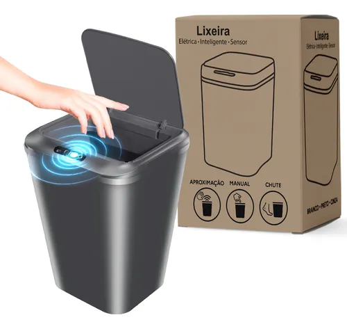 Lixeira Inteligente Sensor Automático 16l Cinza Smart Recarregável Para Banheiro E Cozinha