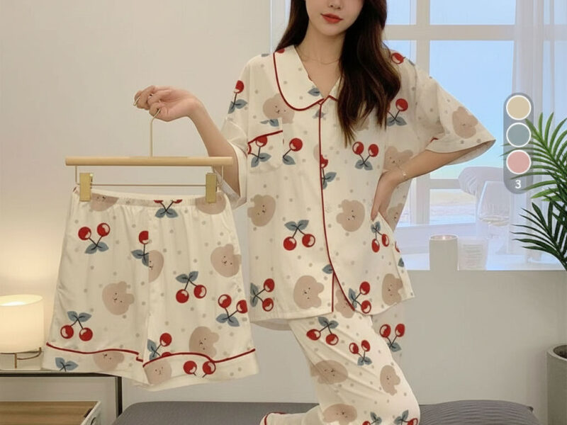 Lovito Kit Pijama Feminino 3 Peças Algodão Estampa Cereja Nuvem Blusa Calça Shorts LNE126191