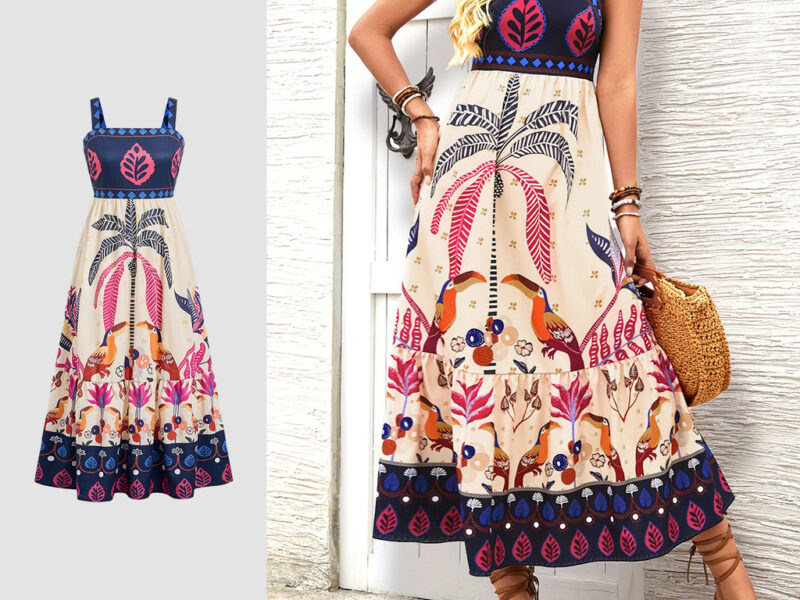 Lovito Padrão de Vestido Boho com Zíper Vestido Primavera/verão para Mulheres LBL32133
