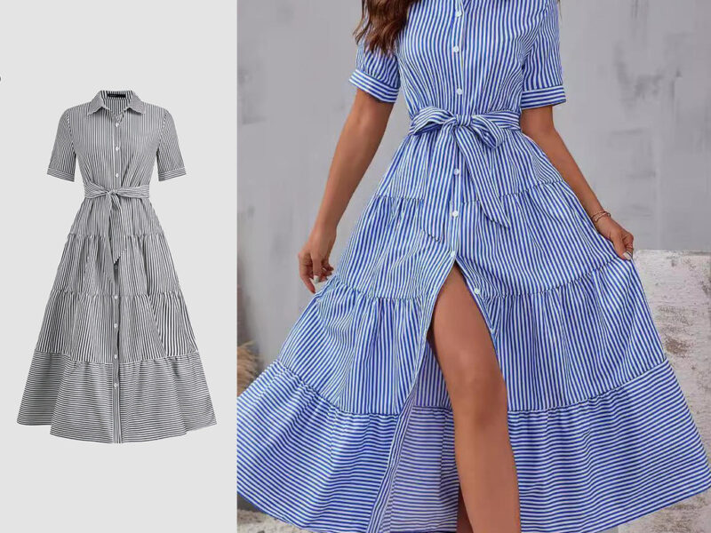 Lovito Vestido Casual Listrado Com Botão Frontal E Cinto Para Mulheres LNL79306