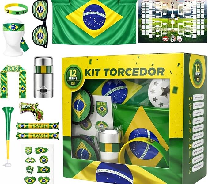MBOX Kit Torcedor Brasil Copa 2026 12 Peças – Fantasia Completa com Faixa Cabeça, Óculos, Bandeira 150x90cm, Bastões Infláveis, Corneta, Tinta Facial e Lança Confete – Festa Churrasco