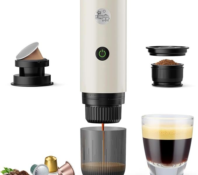 Máquina de café expresso elétrica portátil, cafeteira de viagem para acampamento, cafeteira de carro autoaquecimento com USB-C, 3 em 1 com café moído, cápsula NS e cápsula DG para trailer, caminhadas