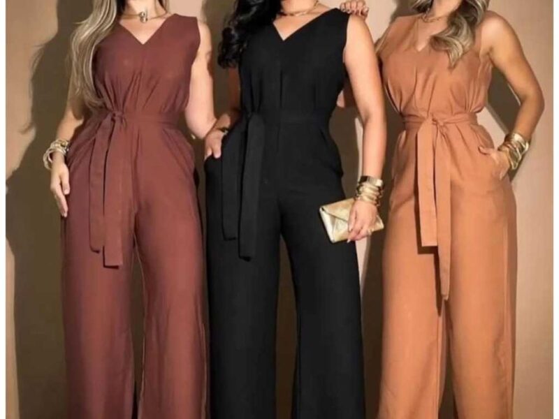 Macacão feminino elegante pantalona longa com cinto, decote em V, costas abertas e bolsos invisíveis, moderno versátil