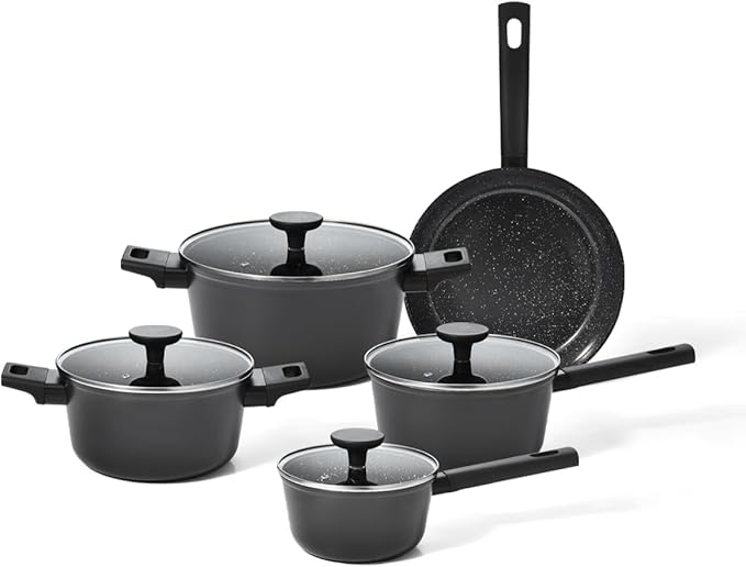 Oikos – Jogo com 5 Panelas Antiaderentes de Revestimento Cerâmico para Fogão por Indução, a Gás, Elétrico e Vitrocerâmico Cor Preta Mou Chia
