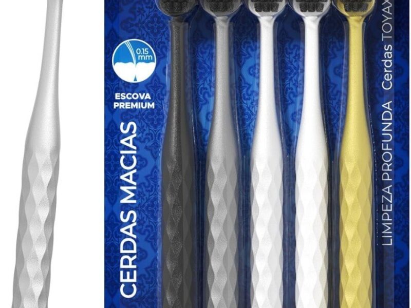 OralGos Escova de Dente Adulto, 5 Unidades, Cerdas de Carvão Ativo, Macia, Para Gengivas Sensíveis, Multi-Cores, Prática para Viagem e Uso Familiar