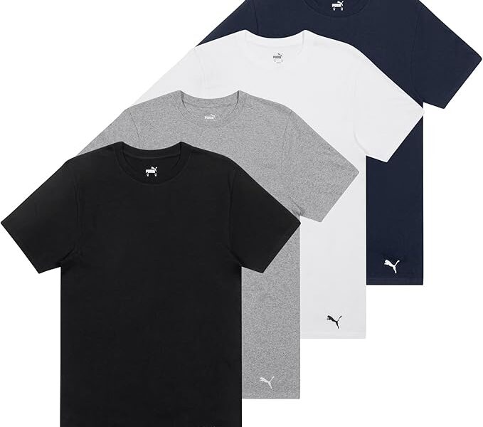 PUMA Pacote com 4 camisetas masculinas de algodão com gola redonda e manga curta na Amzn por R$ 162,14