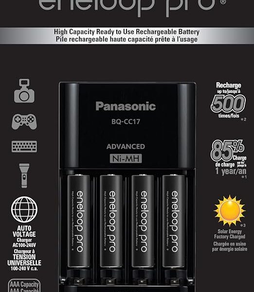 Pacote de carregador de bateria avançado Panasonic K-KJ17K3A4BA com 4 pilhas recarregáveis AAA Eneloop Pro de alta capacidade Ni-MH