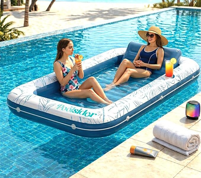 Poolsider Espreguiçadeira inflável de bronzeamento para piscina | (183 cm x 122 cm) Cama de bronzeamento inflável grande para adultos – Espreguiçadeira multiuso 4 em 1 | Boias de piscina para adultos