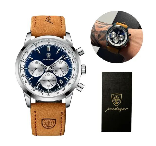 Relógio Luxo Poedagar Masculino Pulseira Em Couro Funcional