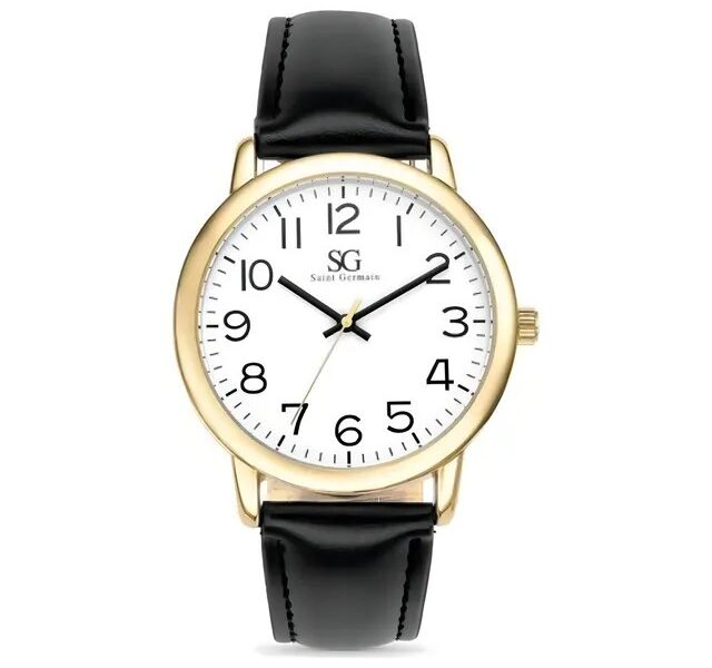 Relógio Masculino Dourado Saint Germain Correia De Couro Preto Caixa Dourada Fundo Branco 40mm Elegante Clássico –