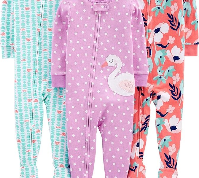 Simple Joys by Carter’s Pacote com 3 pijamas de algodão com pés de ajuste confortável para meninas