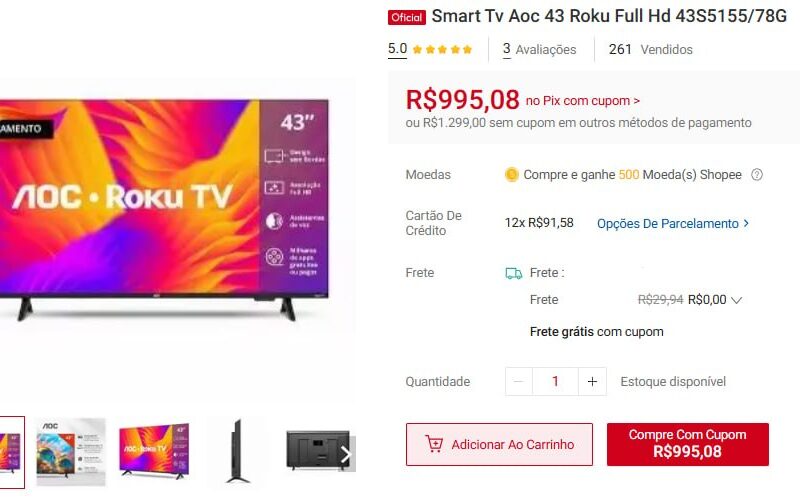 Smart Tv Aoc 43 Roku Full Hd 43S5155/78G