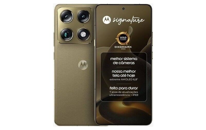 Smartphone Motorola Signature 5G – 512GB 24GB (12GB RAM + 12GB RAM Boost), 3 cameras 50MP Sony Lytia e Zoom 100x, Tela 1.5K extreme Amoled 165hz – Verde Oliva
