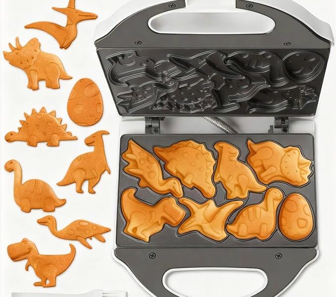 SugarWhisk Mini máquina de waffle de dinossauro para crianças, mini máquina de fazer panquecas para Halloween, 8 dinossauros de diferentes formatos em minutos, ferro de waffle antiaderente elétrico