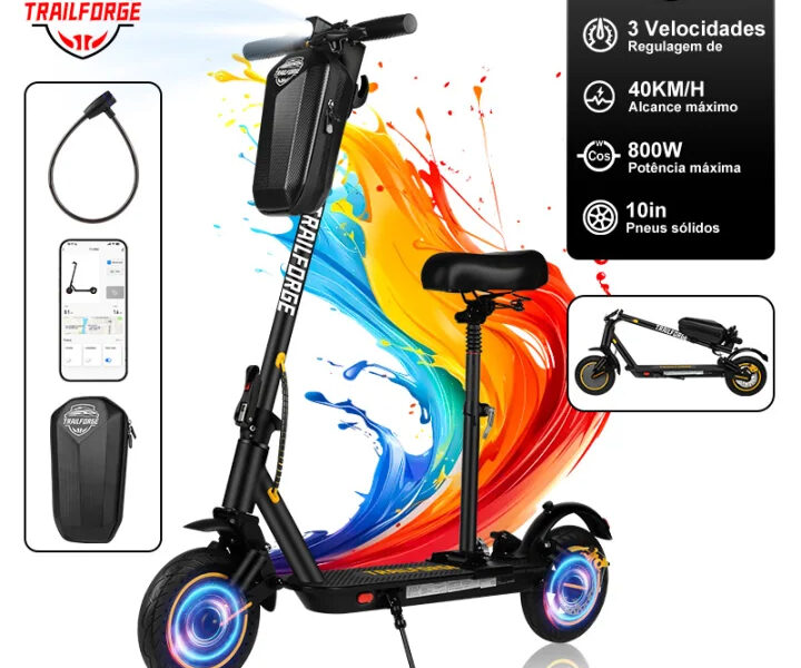 TRAILFORGE-T1 Patinete Elétrico 800W-MAX 10″48V12.5Ah, Amortecedor Duplo, Velocidade Máxima 40km/h