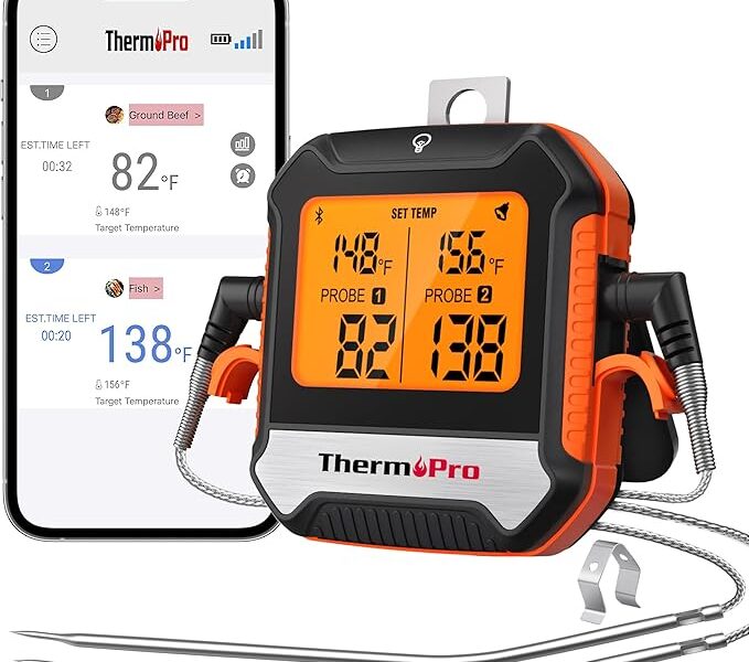 ThermoPro Termômetro De Carne Bluetooth De 450 Pés Com 2 Sondas, Termômetro Digital Sem Fio Para Churrasco, Forno E Defumador, Ideal Para Cozinhar Frango, Bifes E Aves.