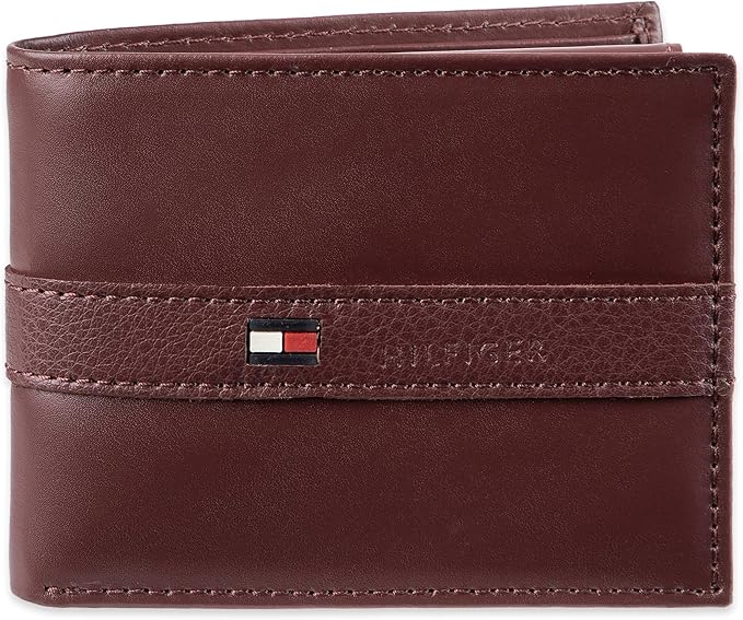 Tommy Hilfiger Carteira masculina de couro genuíno com janela para identidade e vários compartimentos para cartão