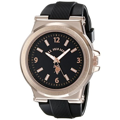 U.S. Polo Assn. Relógio esportivo masculino USC90006 com pulseira de silicone em tom de ouro rosa e preto, Preto, Movimento de quartzo