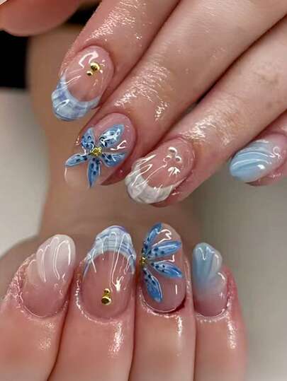 24 peças/Conjunto Adesivos de Unhas 3D Oval Translúcidos Azul e Branco em Forma de Flor, Adequado para Garotas, Mulheres de Escritório, Festas, Encontros e Uso Diário