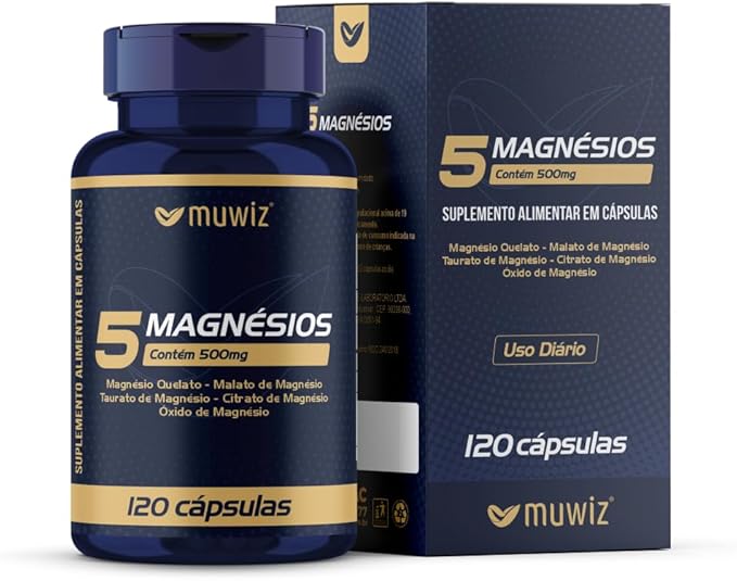 5 Magnésios 500mg 120 Cápsulas – Quelato Malato Taurato Sulfato e Óxido de Magnésio