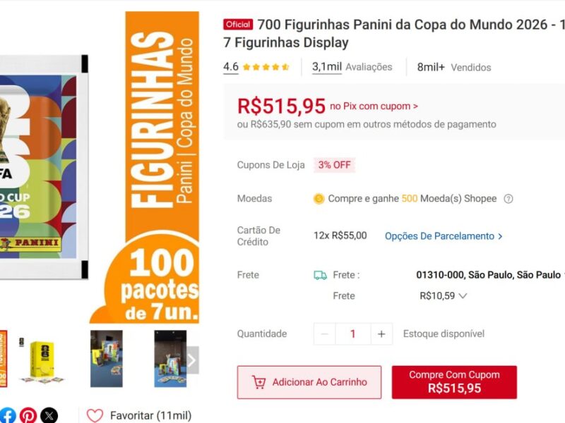 700 Figurinhas Panini da Copa do Mundo 2026 – 100 Envelopes com 7 Figurinhas Display na S por R$ 515,95