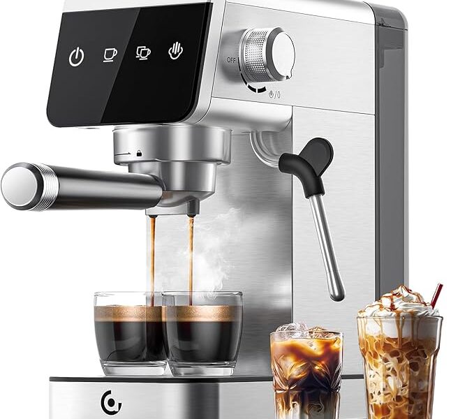 AMZCHEF Máquina de café expresso | sistema de pressão de 20 barras, ecrã táctil LED, design compacto, perfeito para casa e escritório, tanque de água de 40 onças