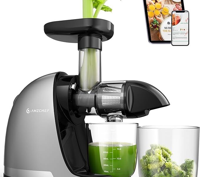 AMZCHEF Máquina de espremer a frio – Sistema reverso de rendimento de 90%, motor silencioso para casa e café da manhã, limpeza em 3 etapas com escova, inclui mais de 50 receitas de suco, cinza