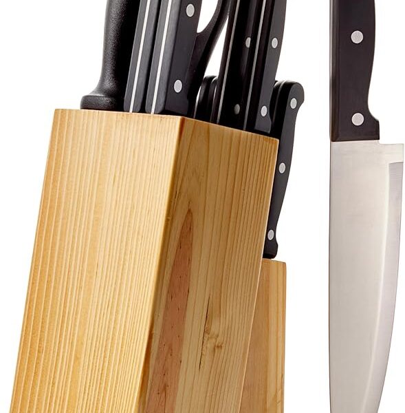 Amazon Basics Conjunto de facas de cozinha de aço inoxidável de alto carbono de 14 peças com apontador e bloco de madeira de pinheiro, preto