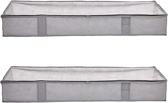 Amazon Basics Sacos para armazenamento de cobertor de tecido sob a cama com janela e alças, pacote com 2, 45 x 106 x 15 cm, cinza