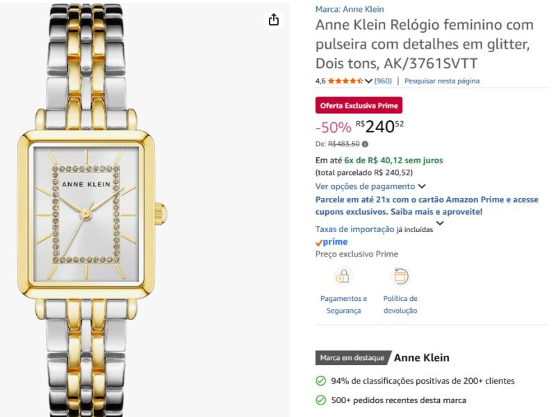 Anne Klein Relógio feminino com pulseira com detalhes em glitter, Dois tons, AK/3761SVTT