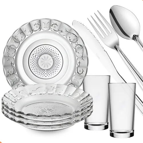 Aparelho De Jantar 20 Peças – Pratos + Copos + Talheres Inox –