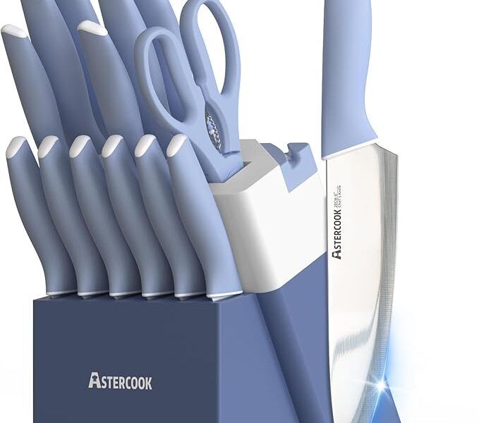 Astercook Conjunto de facas de cozinha com bloco e afiador, 15 peças, revestimento cerâmico, facas alemãs de aço inoxidável de alto carbono, lâmina afiada, lavável na lava-louças, conjunto de blocos