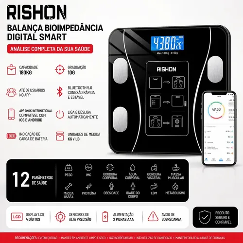 Balança Bioimpedancia Digital 180kg Smart Imc Profissional Rishon Com Aplicativo –
