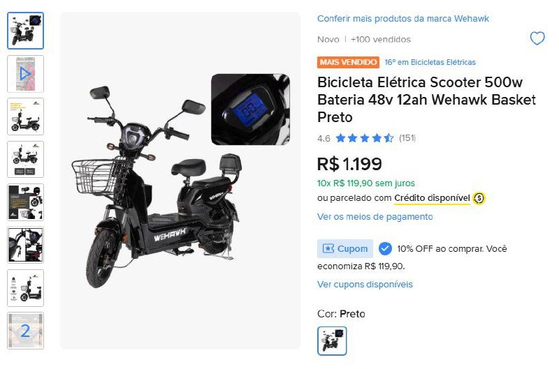 Bicicleta Elétrica Scooter 500w Bateria 48v 12ah Wehawk Basket Preto