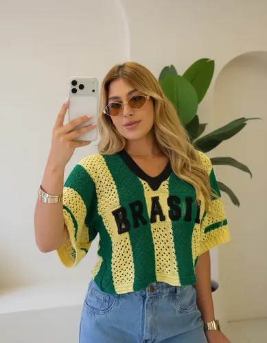 Blusa Cropped Tricô Modal Manga Larga Copa Brasil Feminina –