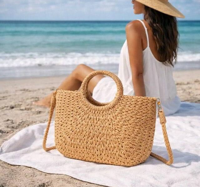 Bolsa Praia Alça Meia Lua Reforçada Palha Forrada C/ Zíper –