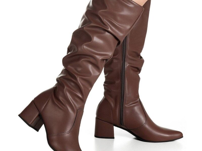 Bota Feminina GiGiL Cano Longo Enrugado Slouch Bico Fino Salto Bloco Médio Elegante Clássica Casual