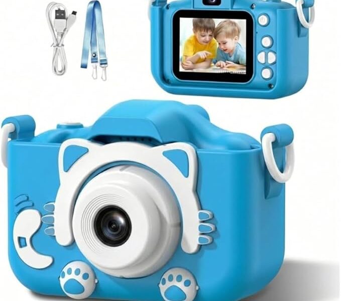 Câmera Digital Infantil Gatinho Recarregável, Azul | Bateria USB, Gravação de Fotos e Vídeos HD, Design Seguro e Resistente, Antichoque, Presente Educativo e Divertido