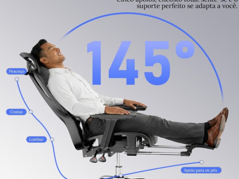 Cadeira de Escritório Ergonômica com Apoio para os Pés, Encosto Reclinável 145°, Apoios de Braço 3D Ajustáveis, Apoio de Cabeça e Lombar Ajustáveis, Mesh Transpirável, Cadeira para Home Office